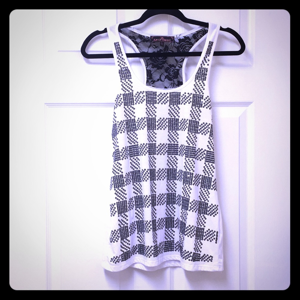 Black Sequin Geometric Wht Cotton Tank Size-L